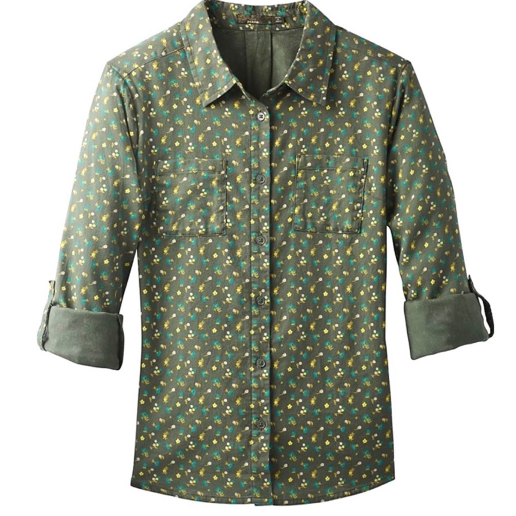 Prana - Green Floral Shirt Roll Tab Sleeve, 100% Organic Cotton Sz S